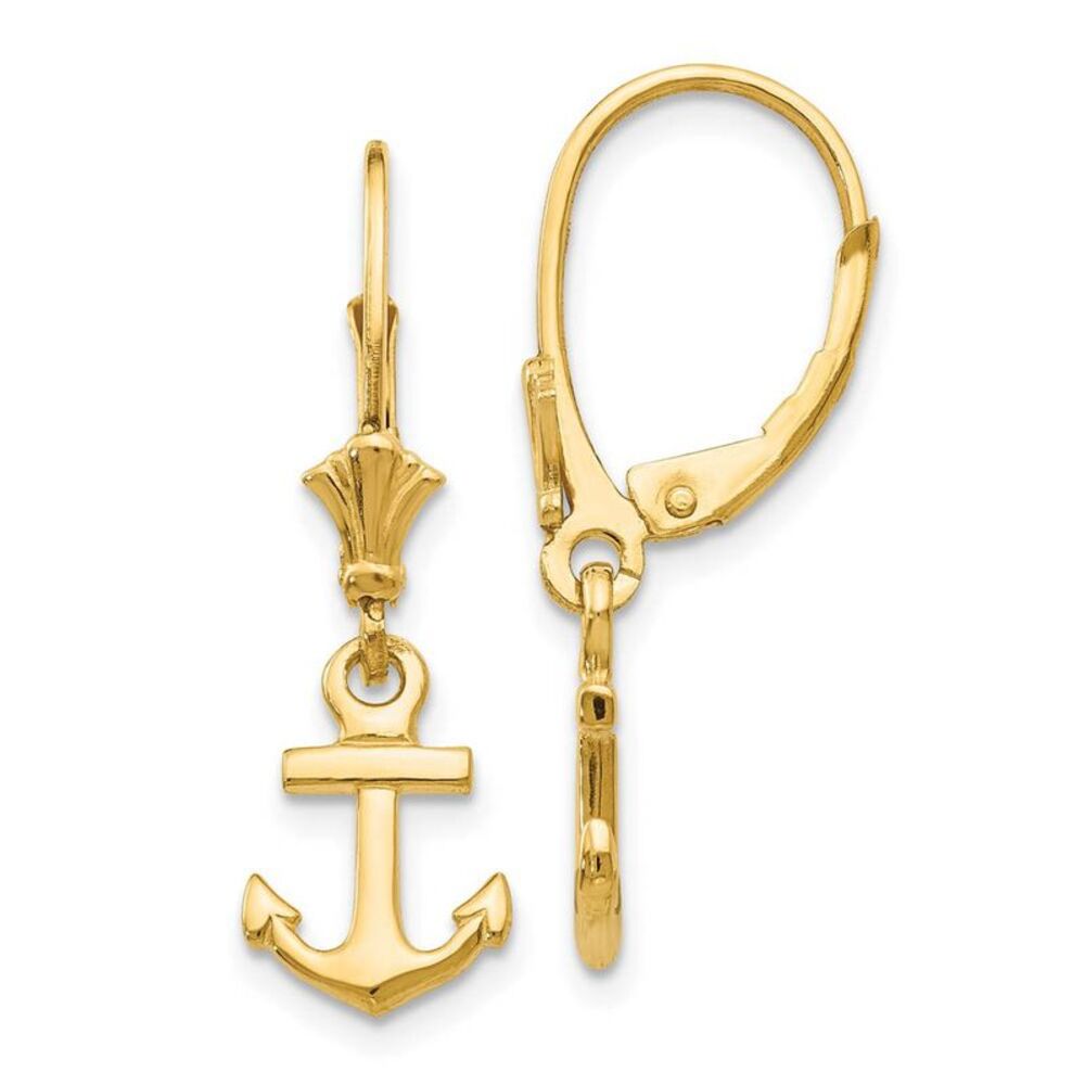 Petite Polished Anchor Lever Back Earrings in 14k Yellow Gold